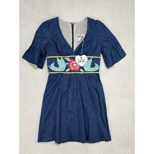 NWT VaVa by Joy Han Denim Dress Embroidered Birds Floral Cotton V Neck Boutique